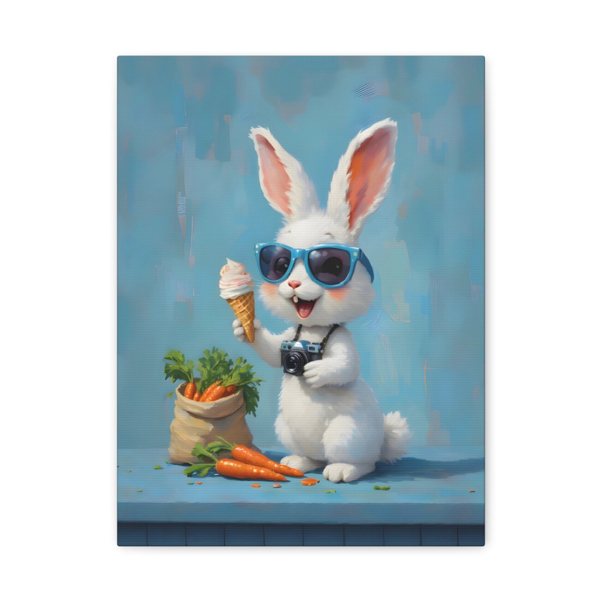 Blue Bunny Canvas Print — Cute Rabbit with Sunglasses & Ice Cream Matte Wall Art