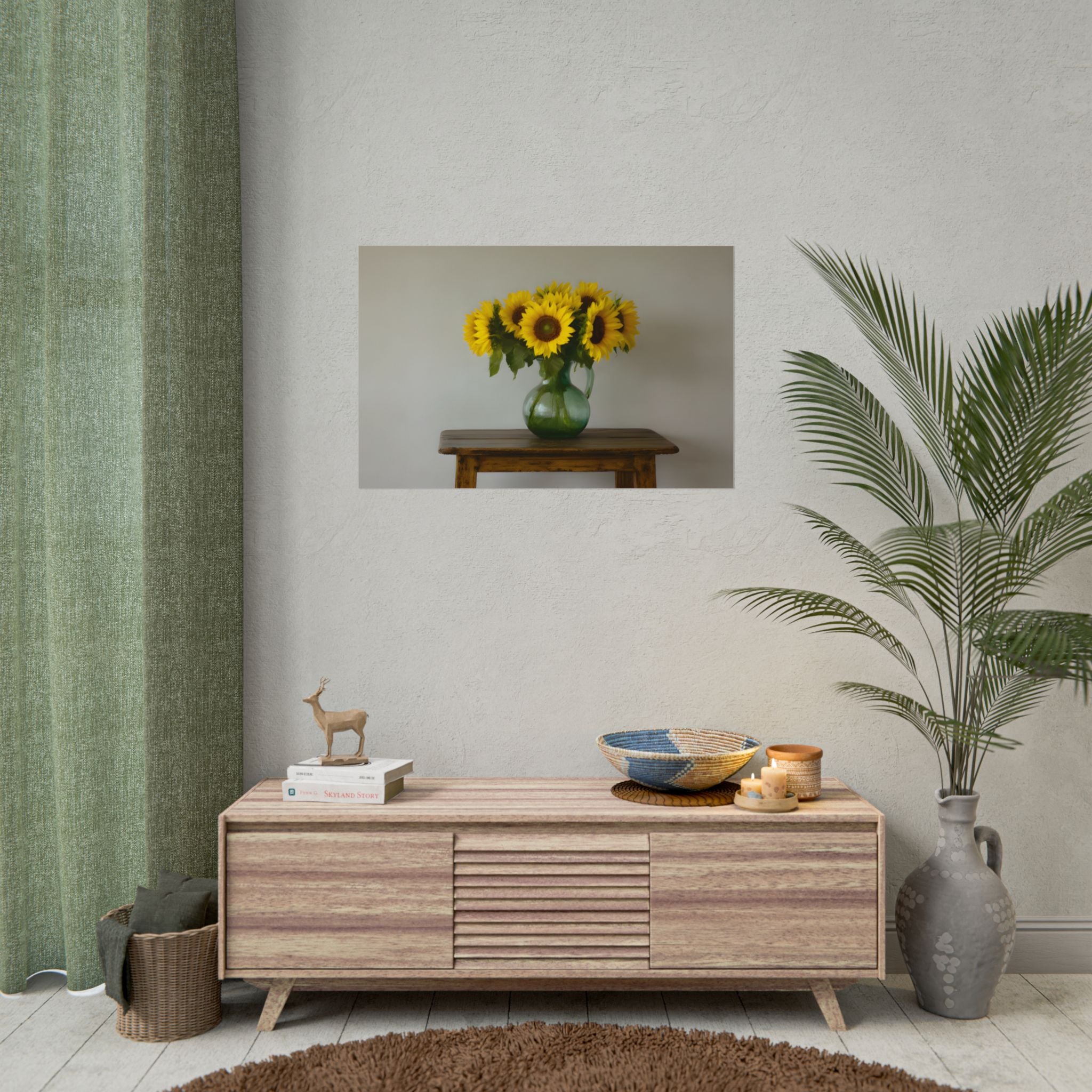 Zonnebloemen in een groene kruik - Muurdecoratie - Poster 