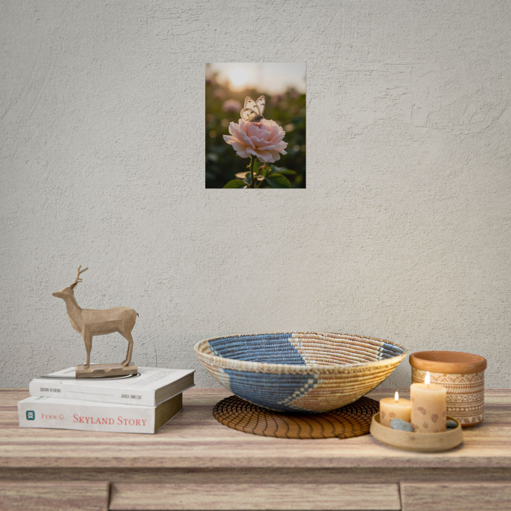 Muurposter met vlinder op roze roos 