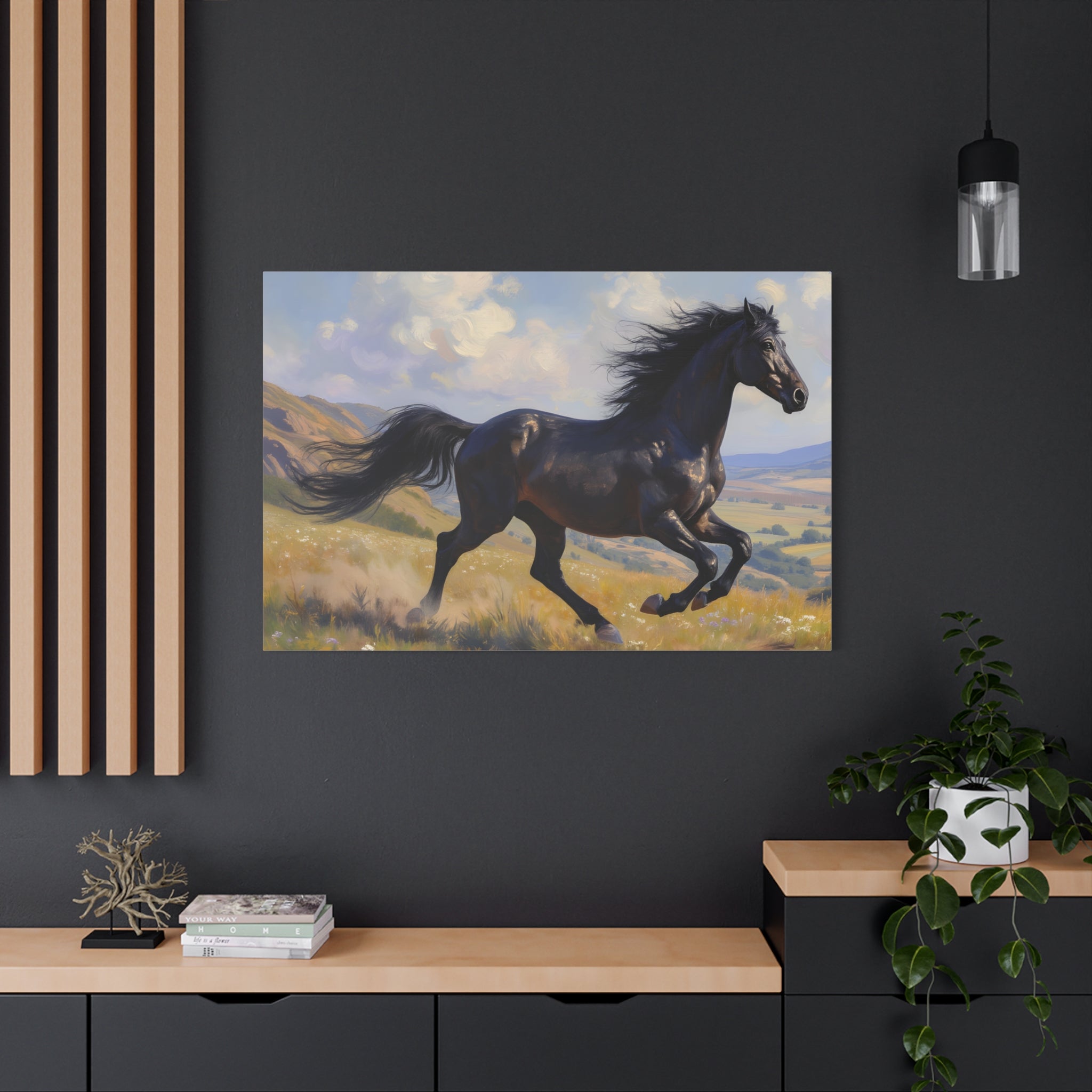 Muurdecoratie met een rennende zwarte hengst - Paardenschilderij - Gespannen canvas 