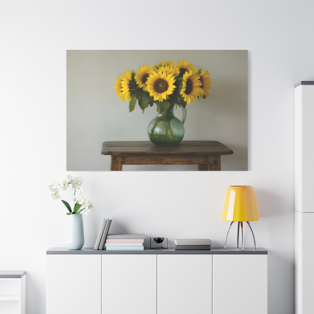 Zonnebloemen in een groene kruik als wanddecoratie - Gespannen canvas 
