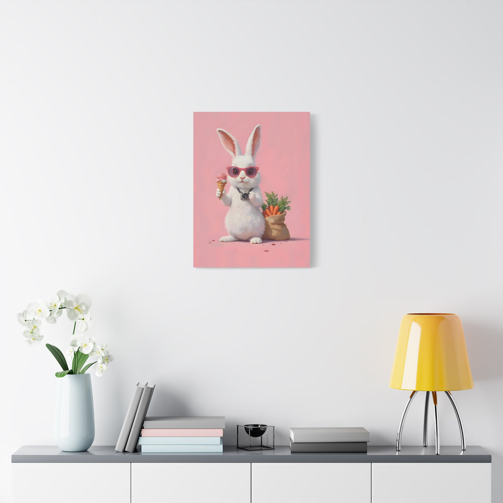 Pink Cute Bunny Canvas Wall Art — Cool Rabbit with Sunglasses, Ice Cream & Carrots (Matte Stretched)