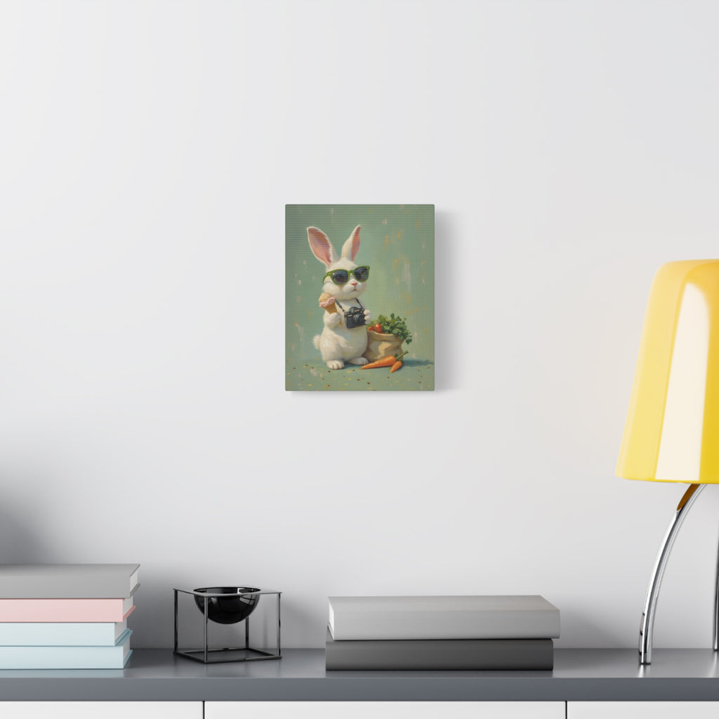 Green Bunny Canvas Wall Art — Photographer Bunny with Carrots & Ice Cream