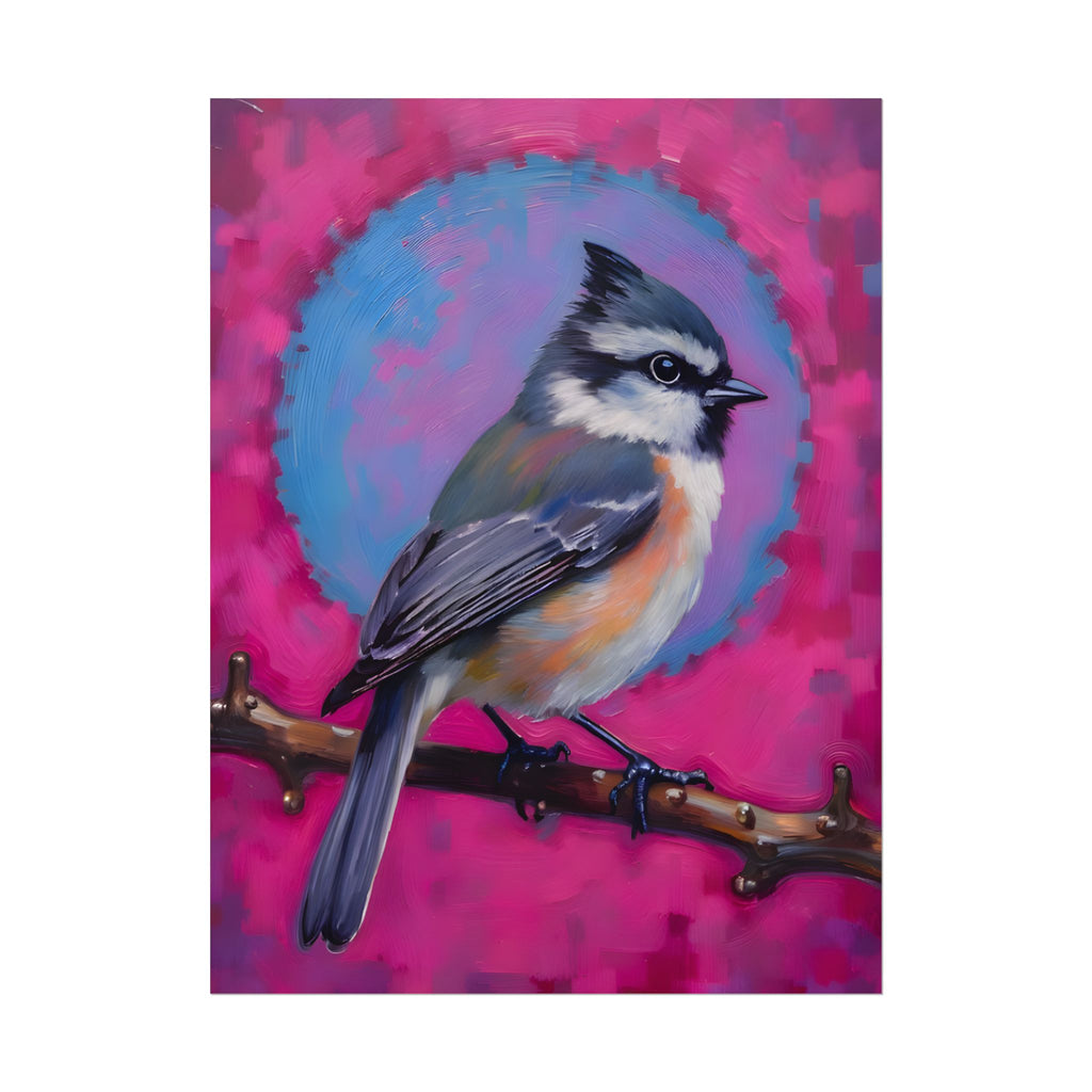 Kleurrijke Zangvogel Poster — Blauwe Gaai Kunstprint op Levendige Roze Achtergrond