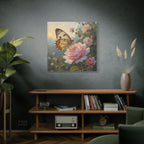 Muurdecoratie met vlinder op een roze roos - Gespannen canvas 
