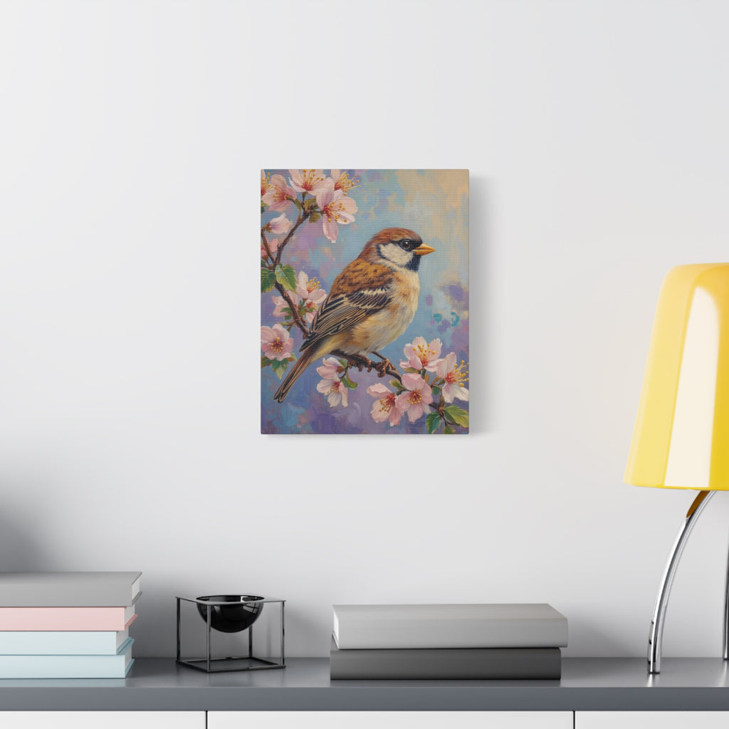 Sparrow on Cherry Blossoms Matte Stretched Canvas