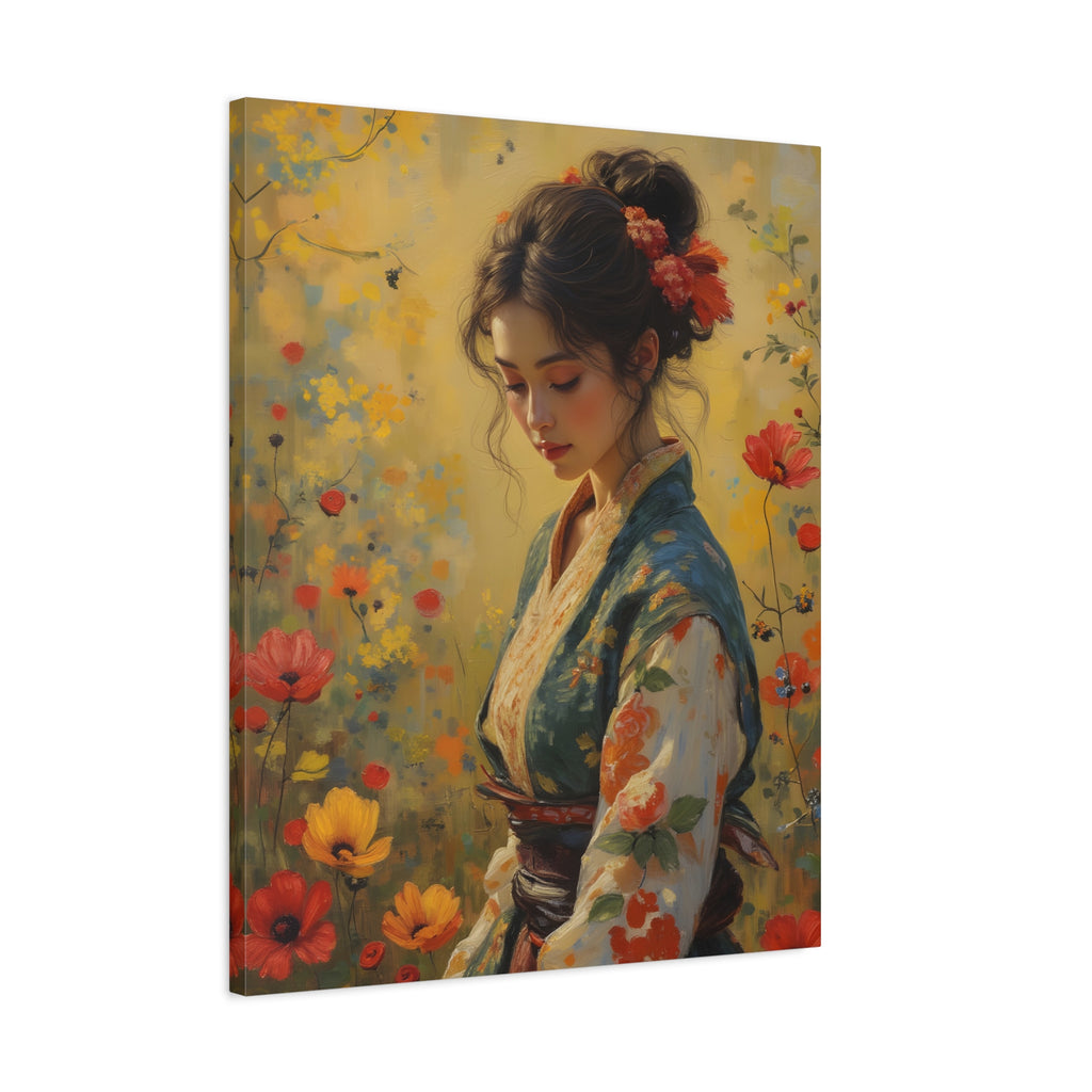 Asiatische Blumen-Dame, matte Leinwand-Wandkunst