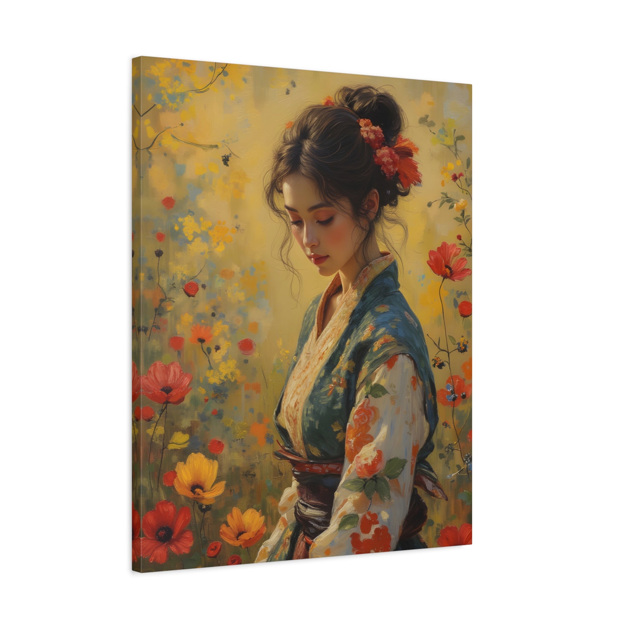 Asiatische Blumen-Dame, matte Leinwand-Wandkunst