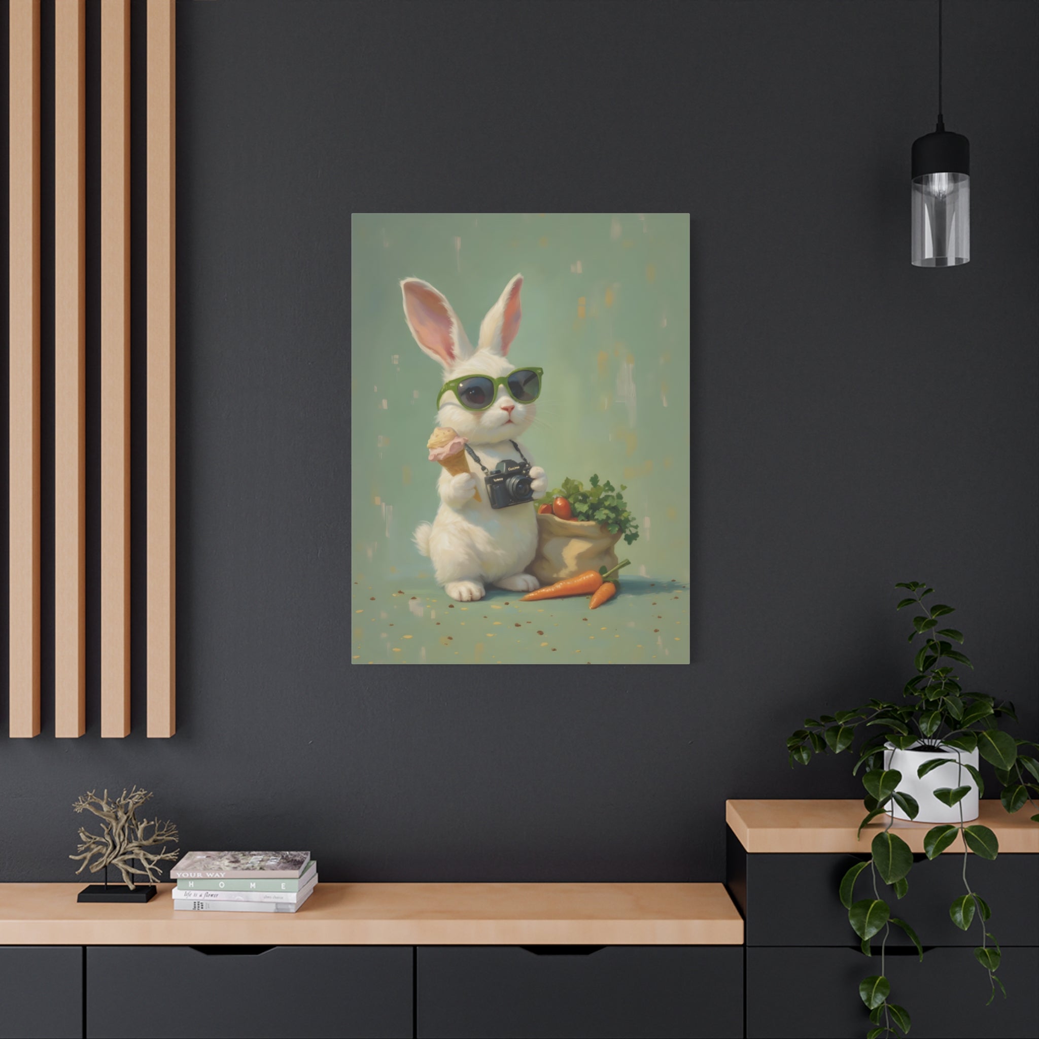Green Bunny Canvas Wall Art — Photographer Bunny with Carrots & Ice Cream
