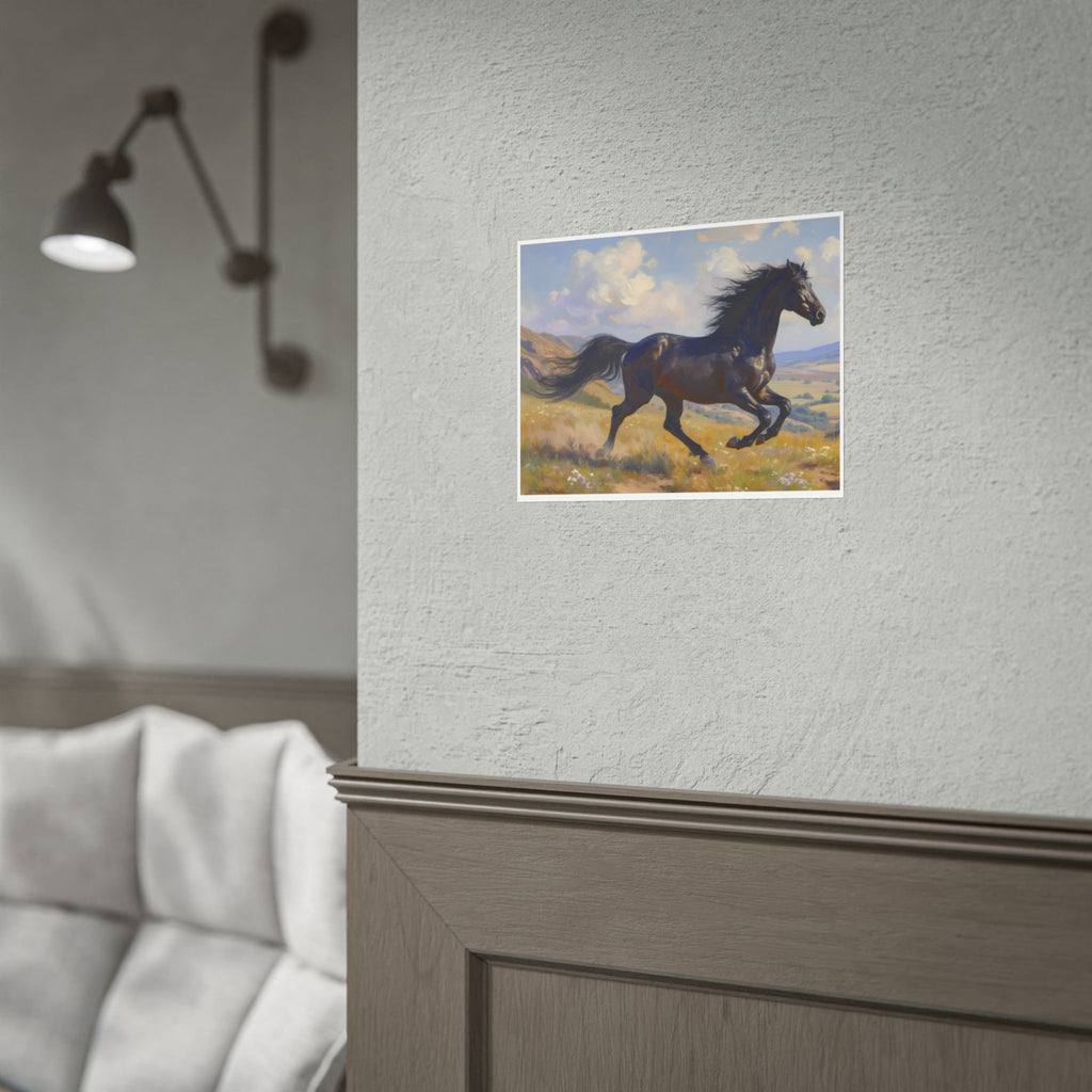 Wandbild: Galoppierender schwarzer Hengst – Pferdegemälde – Poster 