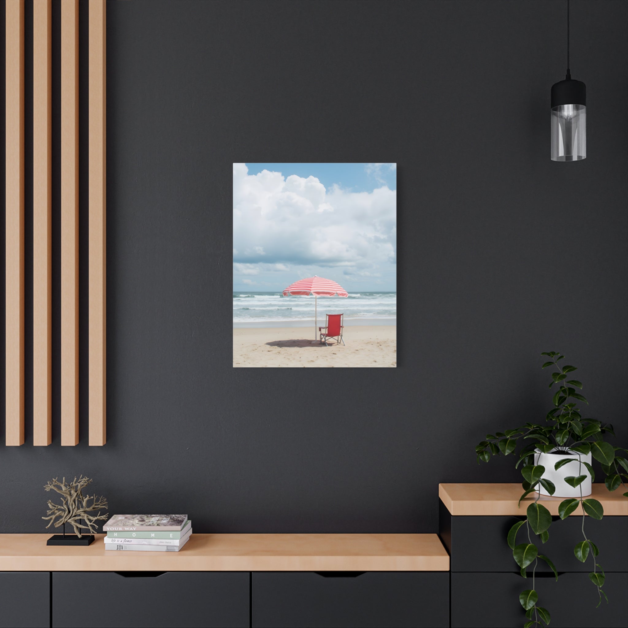Sun-drenched beach memory with beach chair and umbrella Canvas Wall Art - Stretched Canvas