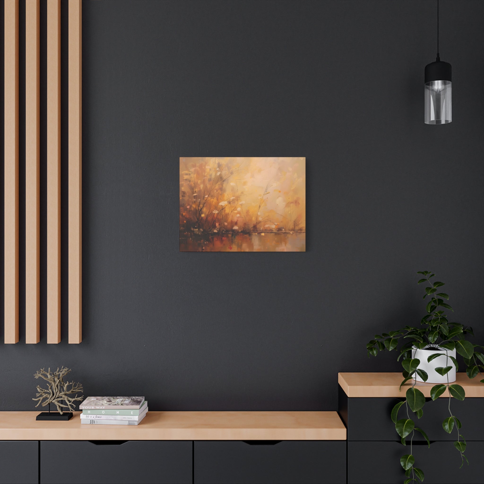 Abstracte muurdecoratie met gouden weidemotief - opgespannen canvas 