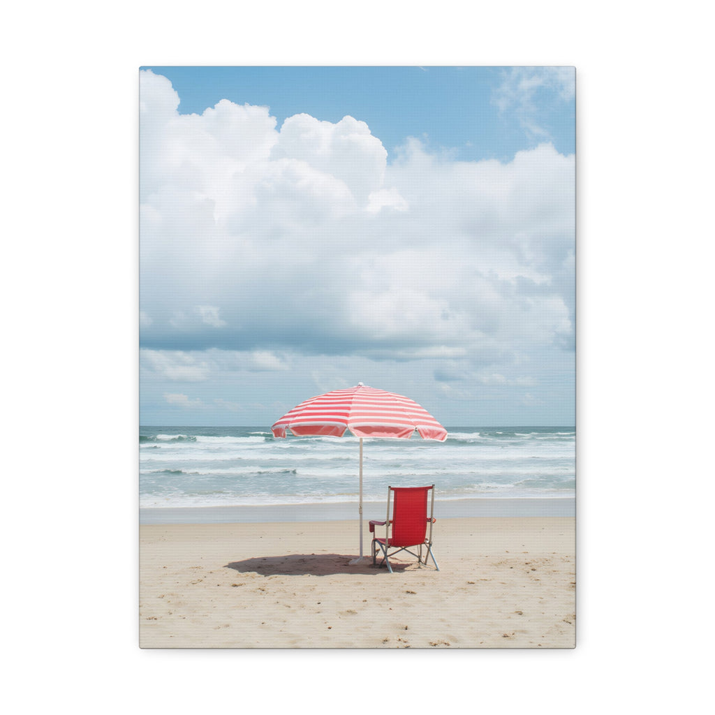 Sun-drenched beach memory with beach chair and umbrella Canvas Wall Art - Stretched Canvas