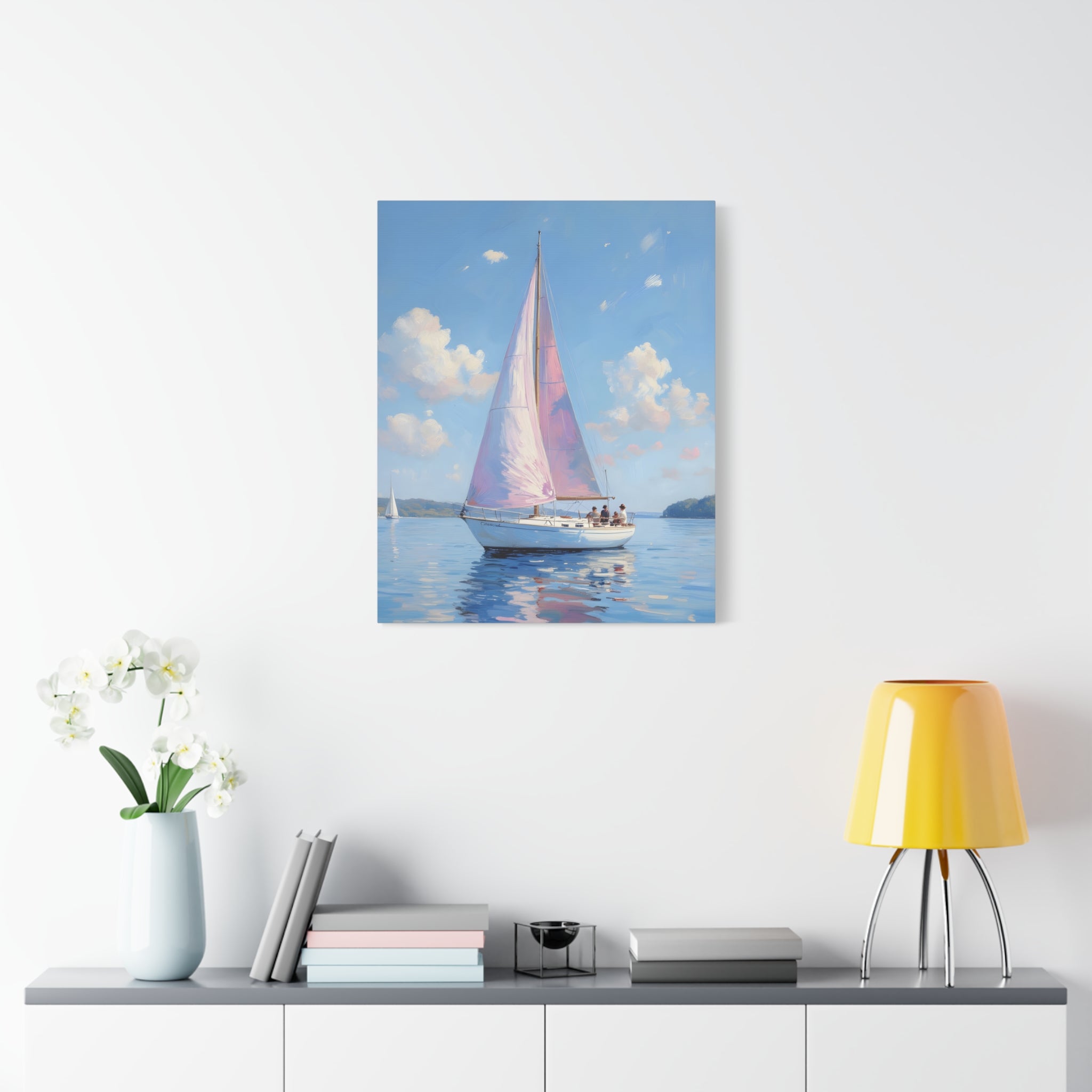 Zeilboot op kalm water met roze accenten - Muurdecoratie - Gespannen canvas 
