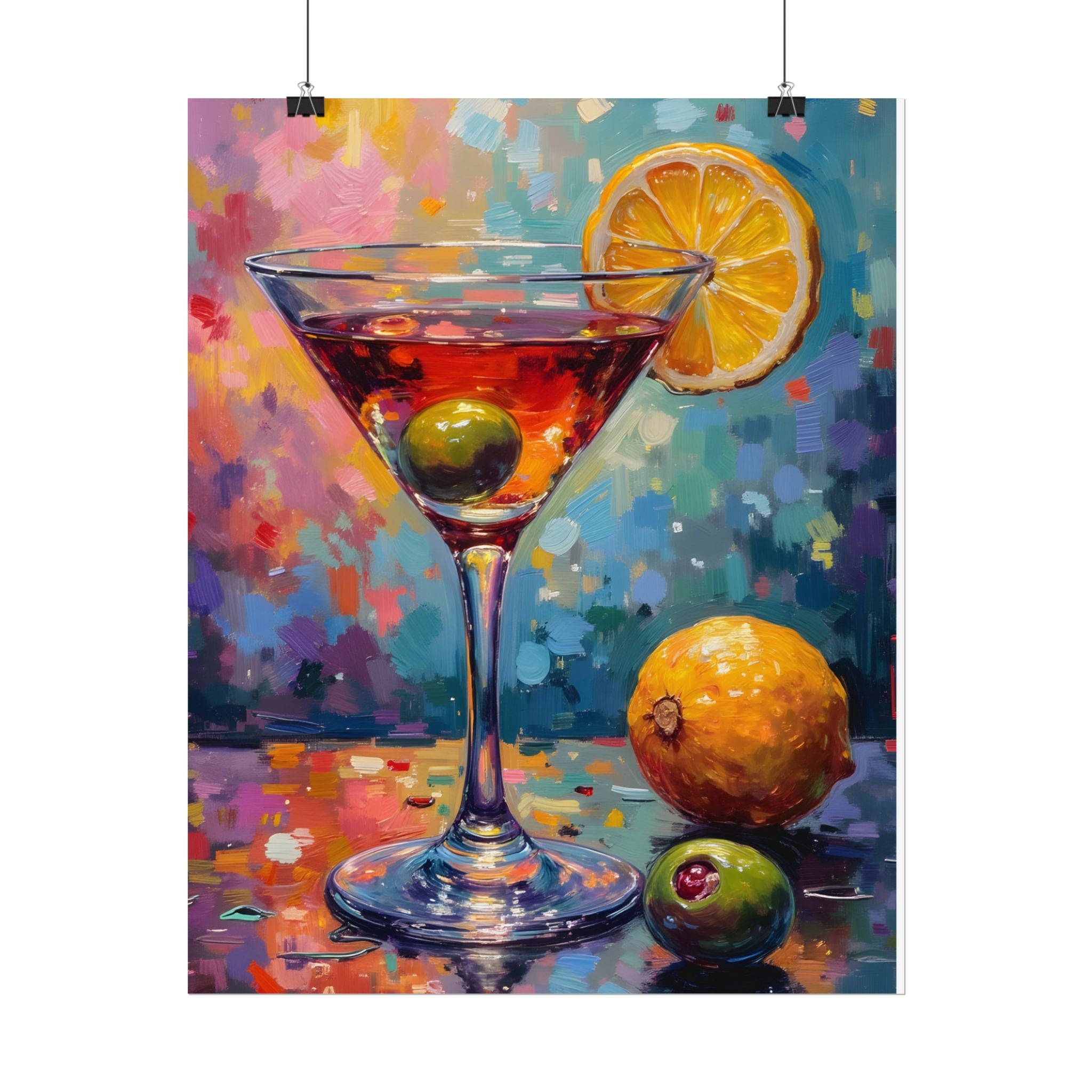 Buntes Martiniglas mit Zitrone und Olive – Wandbild/Poster 