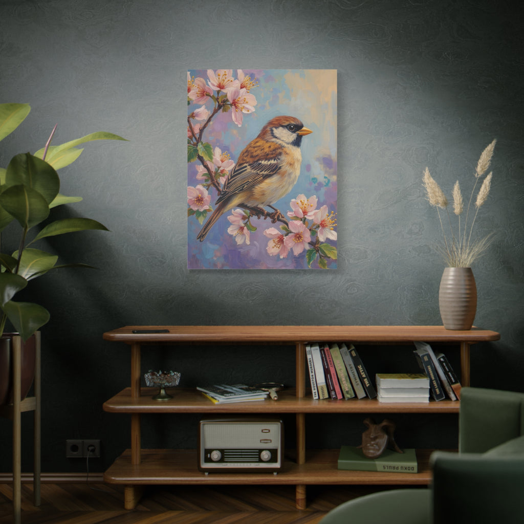 Sparrow on Cherry Blossoms Matte Stretched Canvas