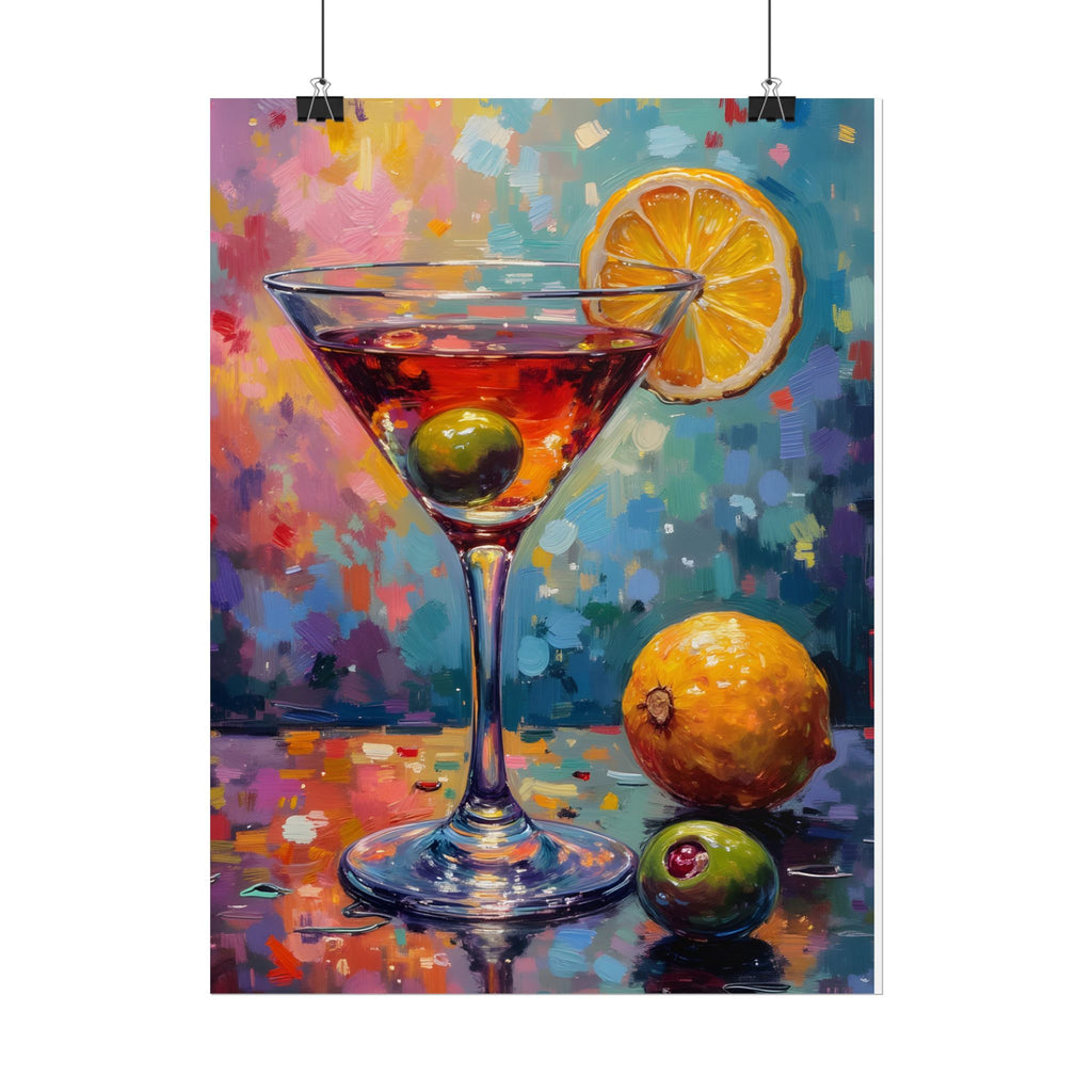 Buntes Martiniglas mit Zitrone und Olive – Wandbild/Poster 
