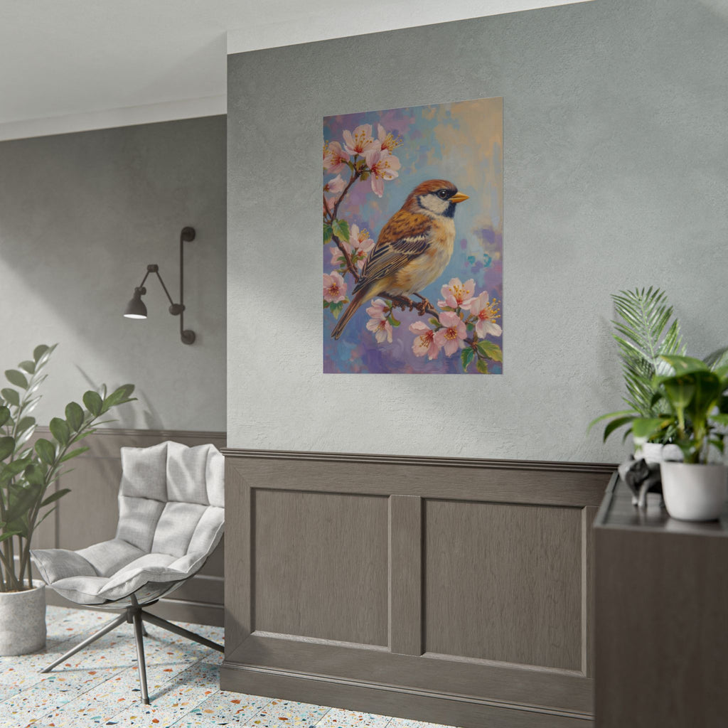 Bird on Blossom Rolled Poster — Spring Sparrow on Branch Wall Art Print