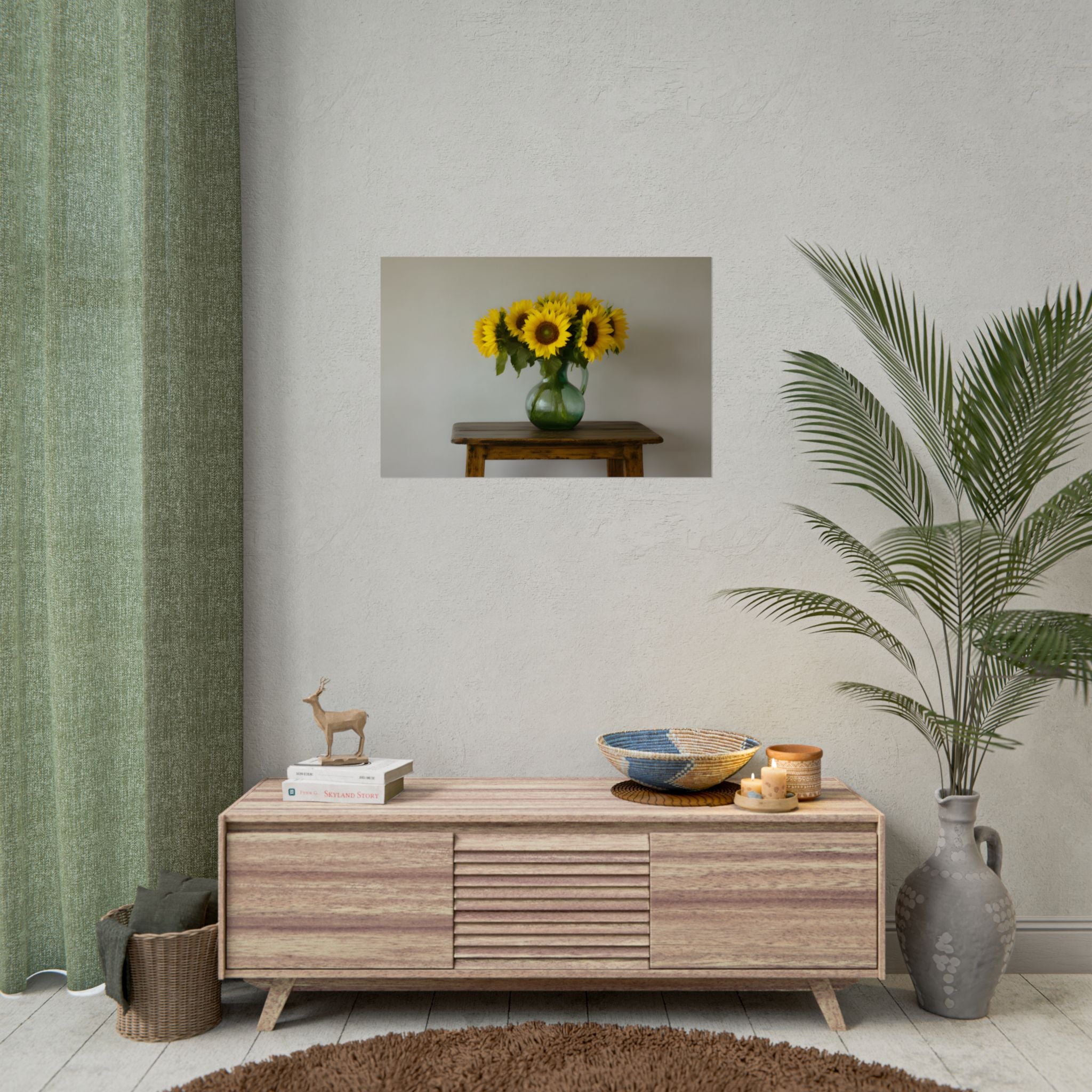 Zonnebloemen in een groene kruik - Muurdecoratie - Poster 