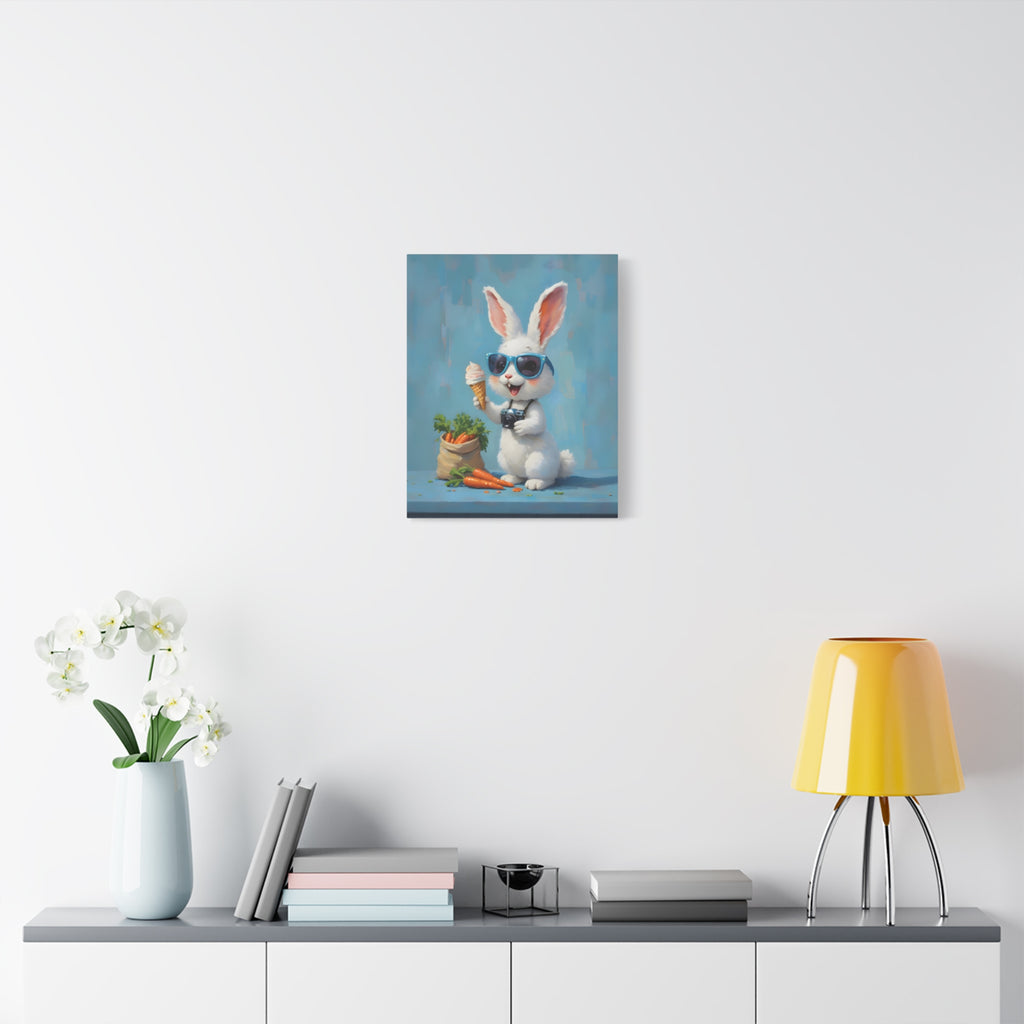 Blue Bunny Canvas Print — Cute Rabbit with Sunglasses & Ice Cream Matte Wall Art