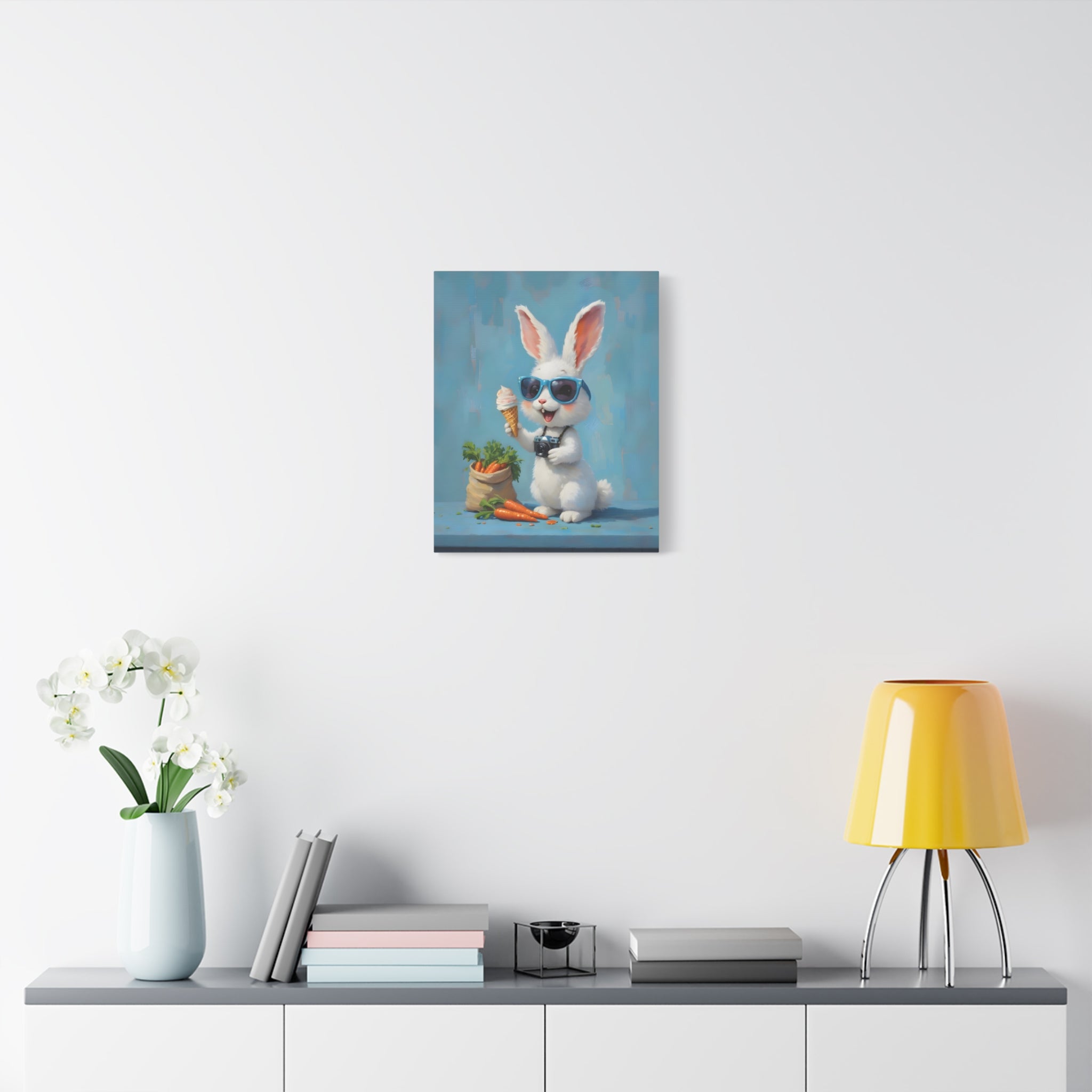 Blue Bunny Canvas Print — Cute Rabbit with Sunglasses & Ice Cream Matte Wall Art