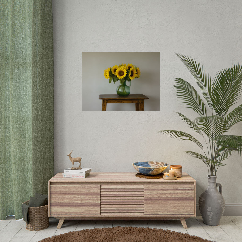 Zonnebloemen in een groene kruik - Muurdecoratie - Poster 