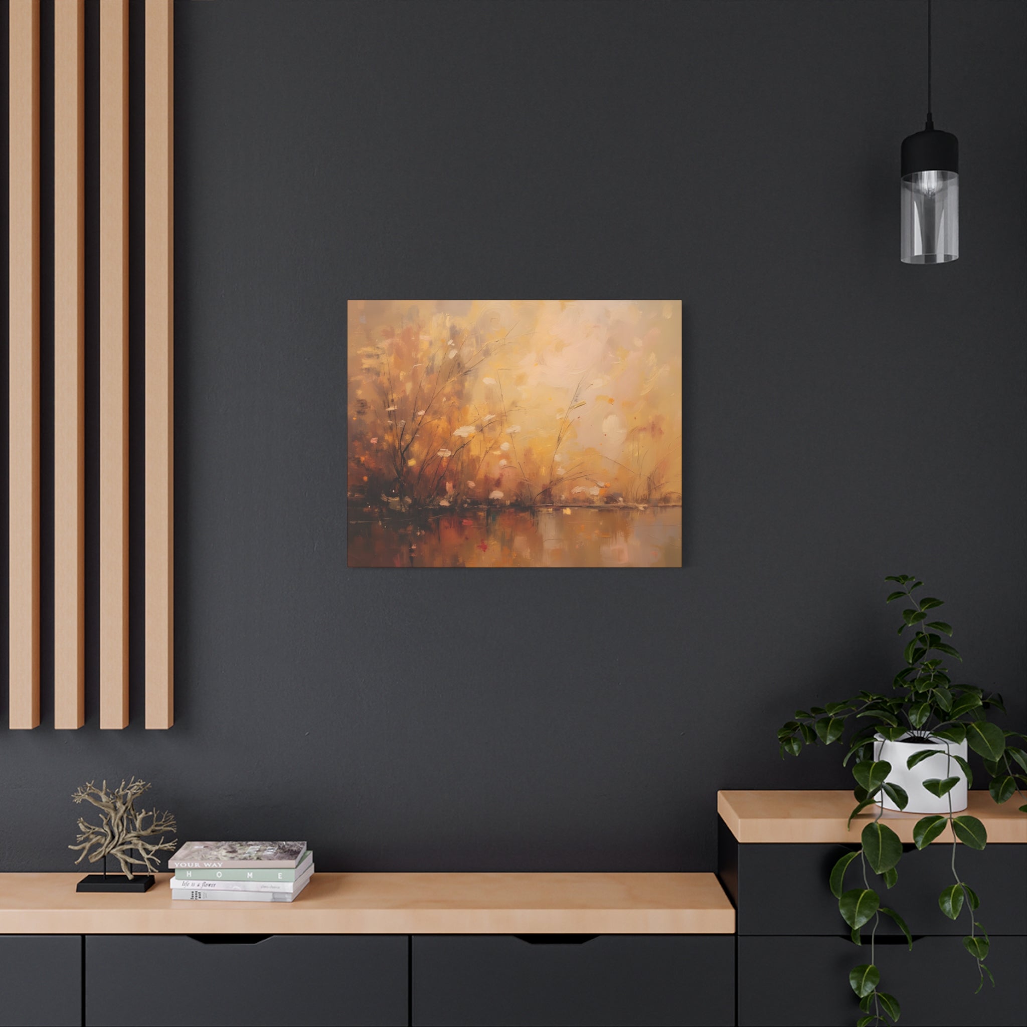 Abstracte muurdecoratie met gouden weidemotief - opgespannen canvas 
