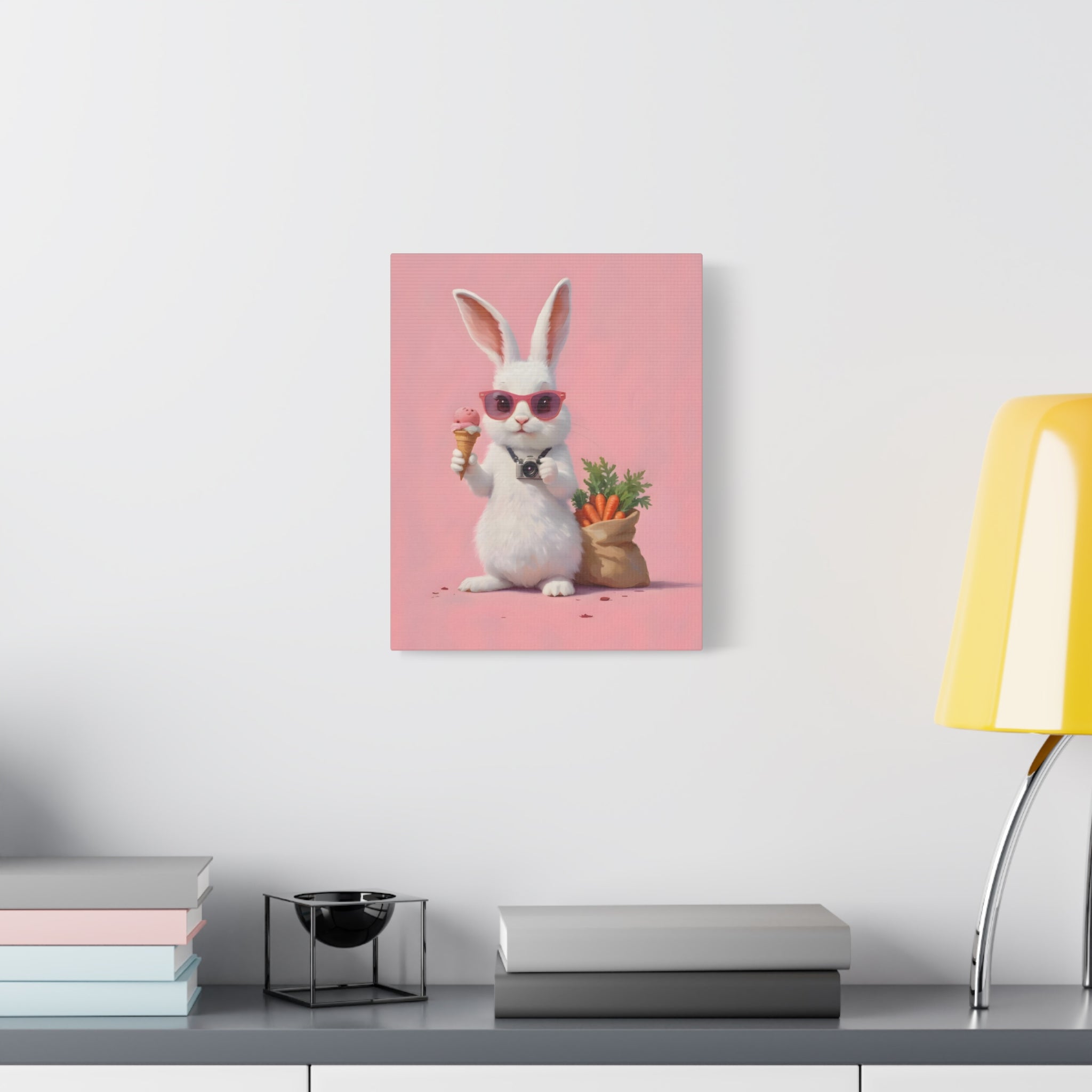 Pink Cute Bunny Canvas Wall Art — Cool Rabbit with Sunglasses, Ice Cream & Carrots (Matte Stretched)