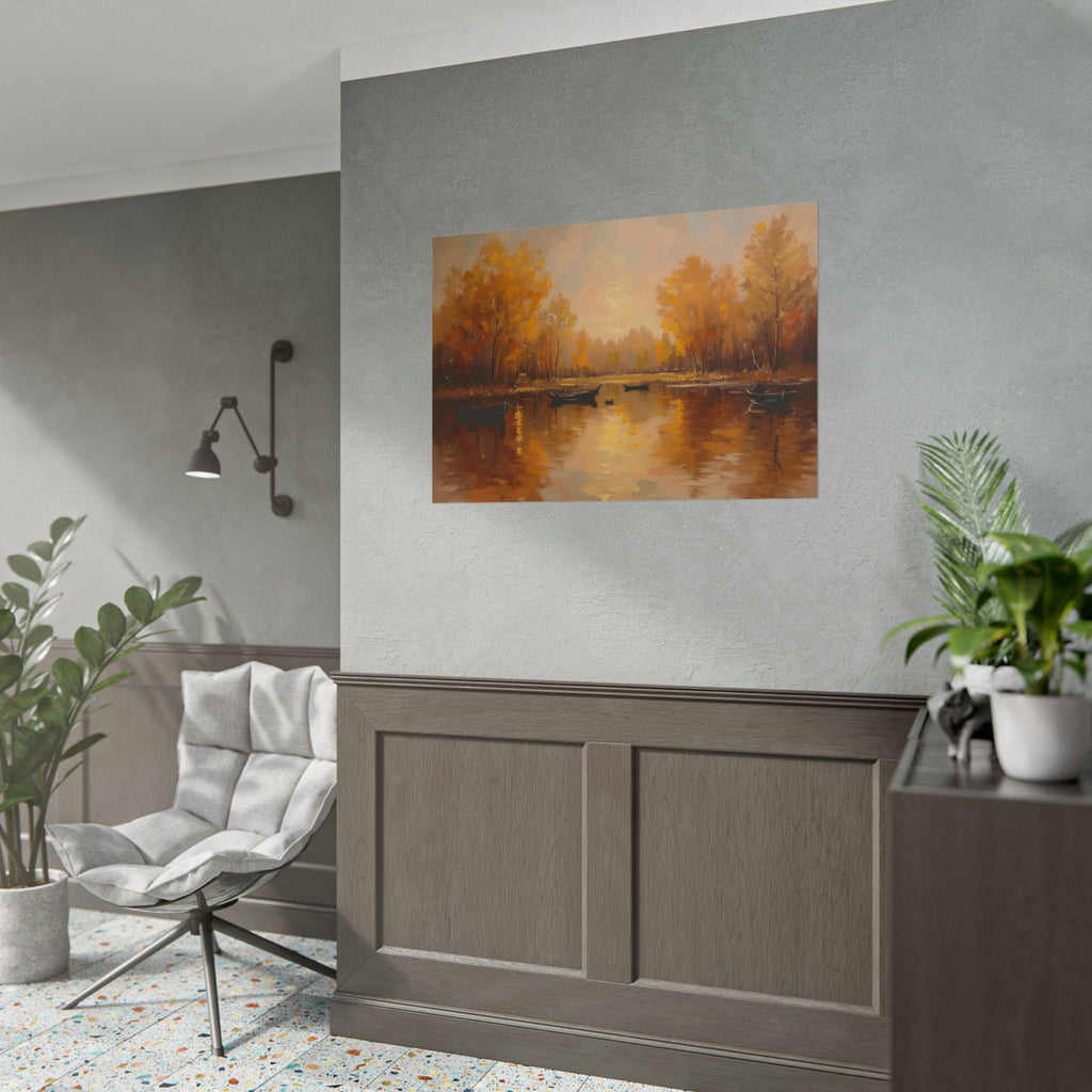 Herfst aan het meer met roeiboten - Poster 