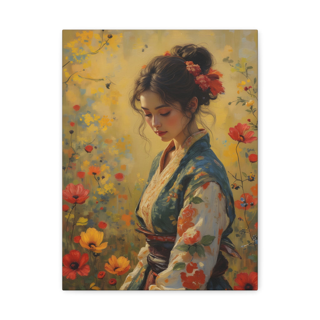Asiatische Blumen-Dame, matte Leinwand-Wandkunst
