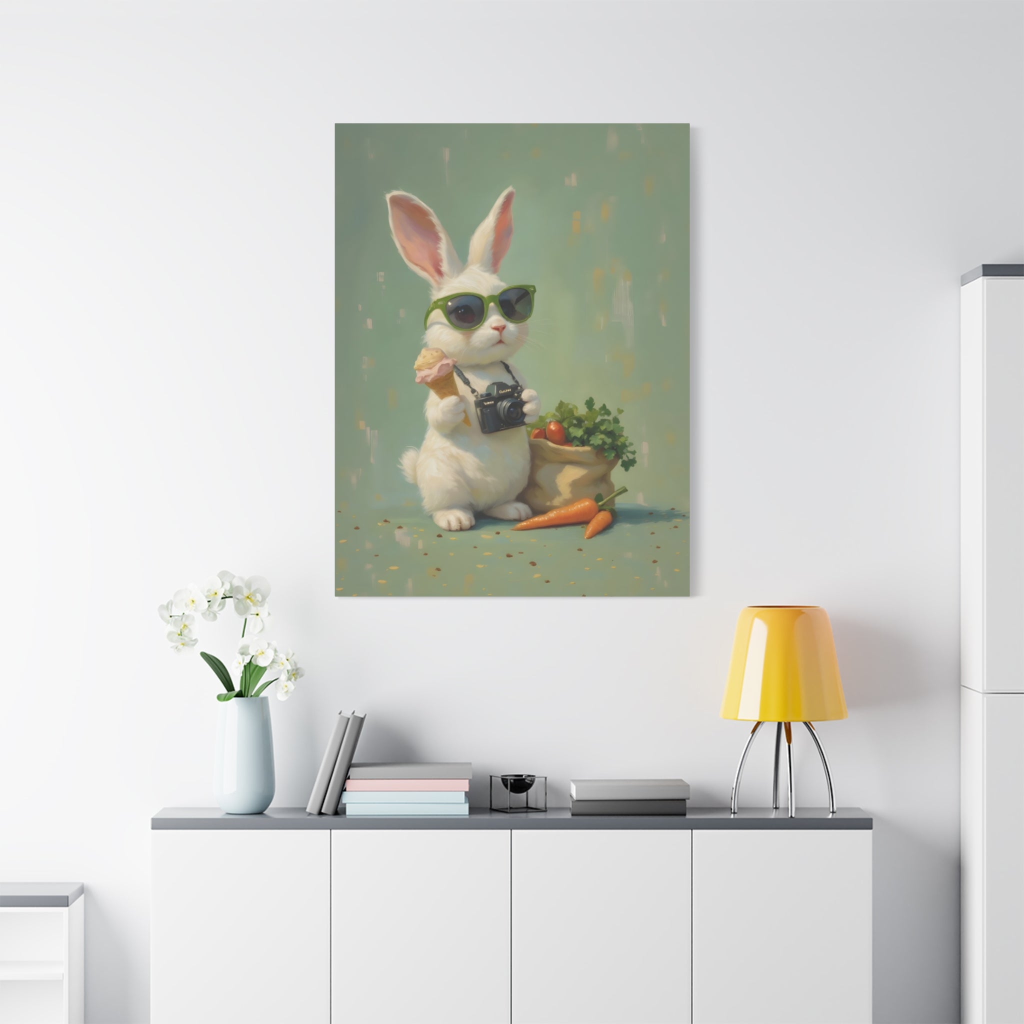 Green Bunny Canvas Wall Art — Photographer Bunny with Carrots & Ice Cream