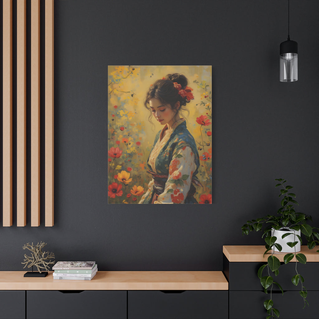 Asiatische Blumen-Dame, matte Leinwand-Wandkunst