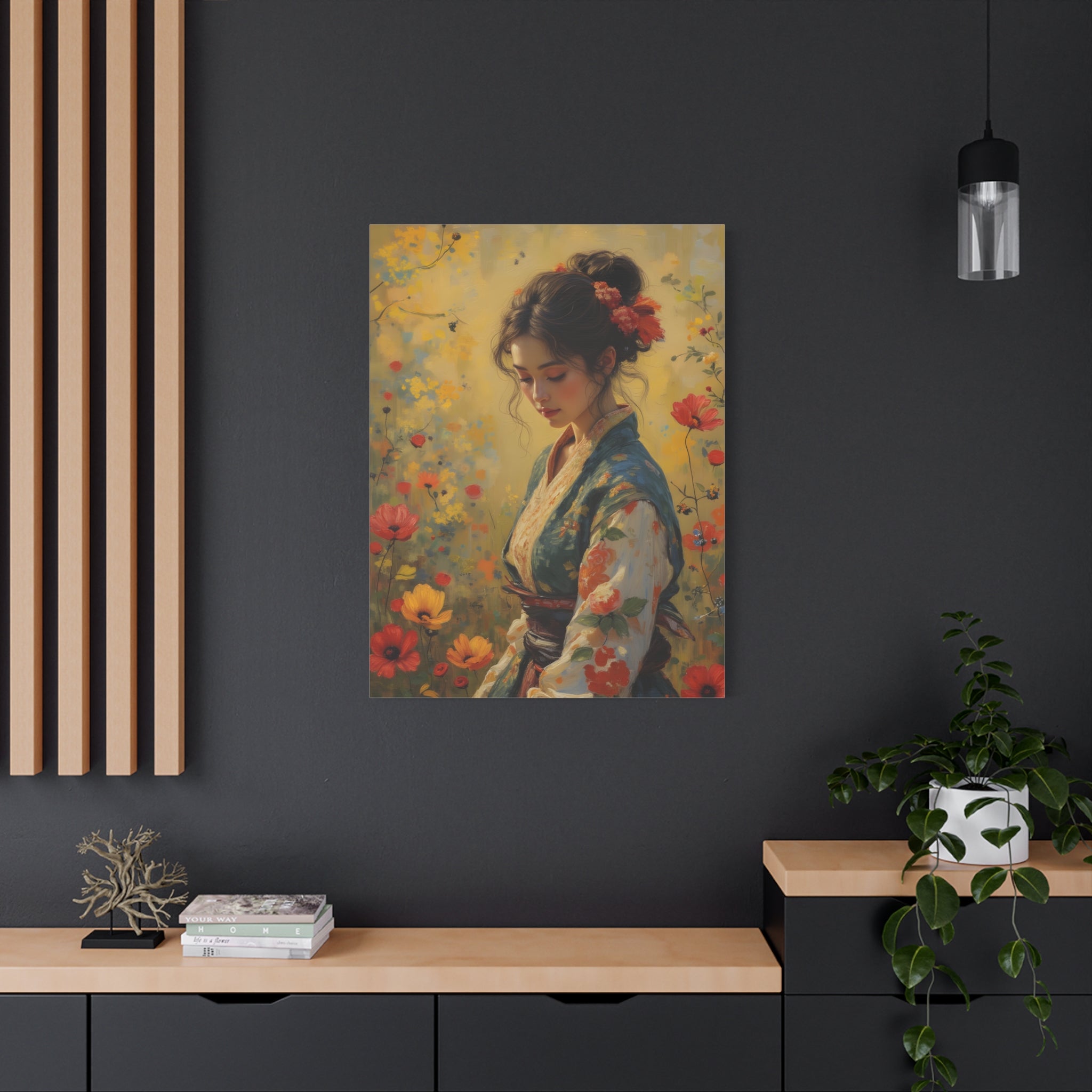 Asiatische Blumen-Dame, matte Leinwand-Wandkunst