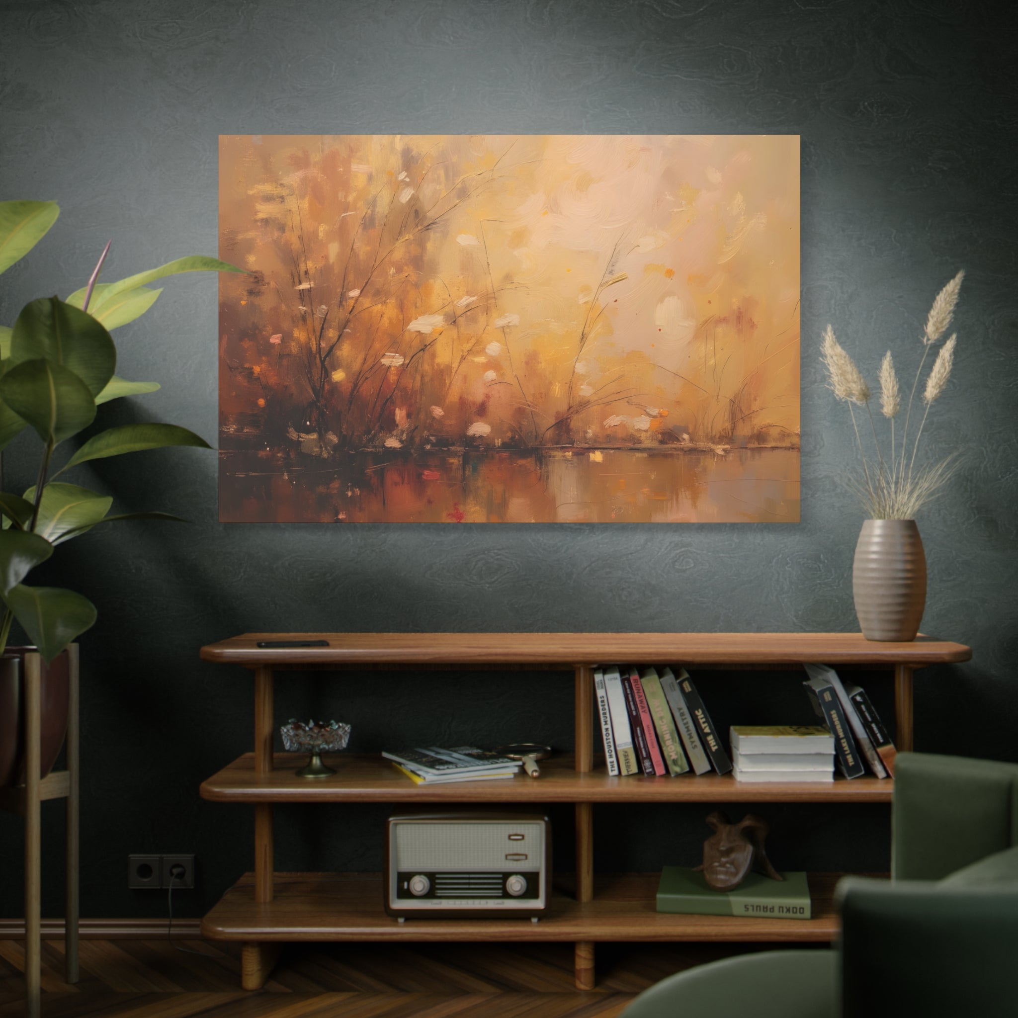 Abstracte muurdecoratie met gouden weidemotief - opgespannen canvas 