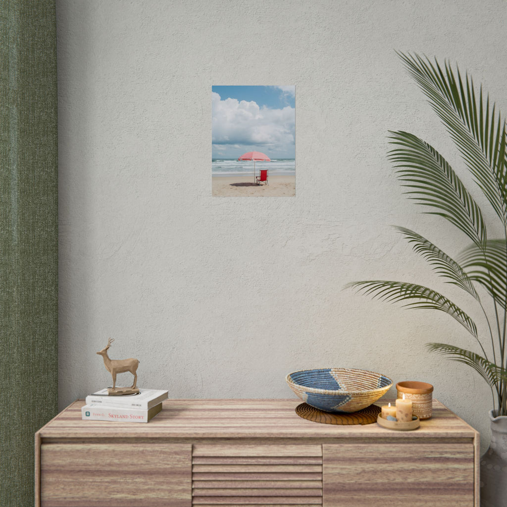 Sun-drenched beach memory with beach chair and umbrella - Poster