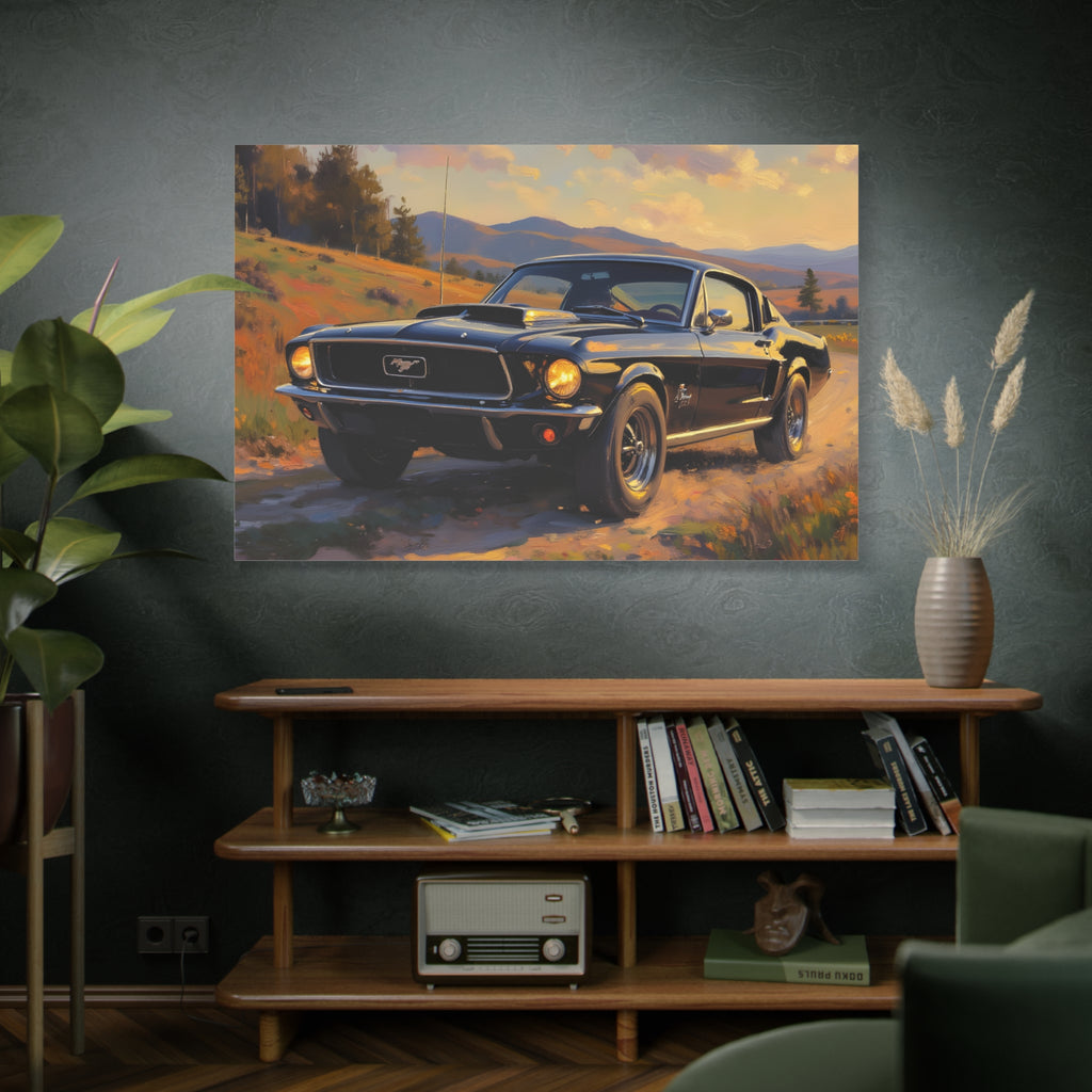 Vintage Mustang Sonnenuntergangs-Wandbild – Klassisches Muscle-Car – Leinwand 
