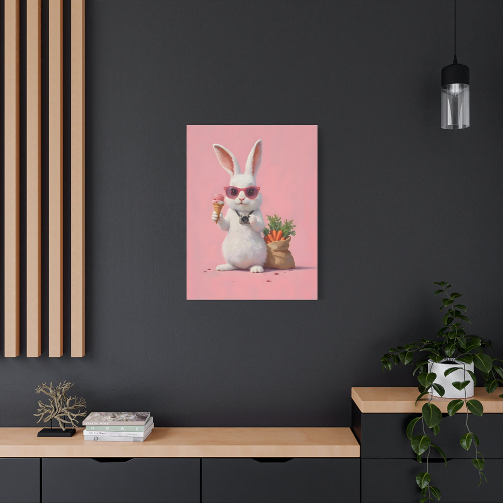 Pink Cute Bunny Canvas Wall Art — Cool Rabbit with Sunglasses, Ice Cream & Carrots (Matte Stretched)