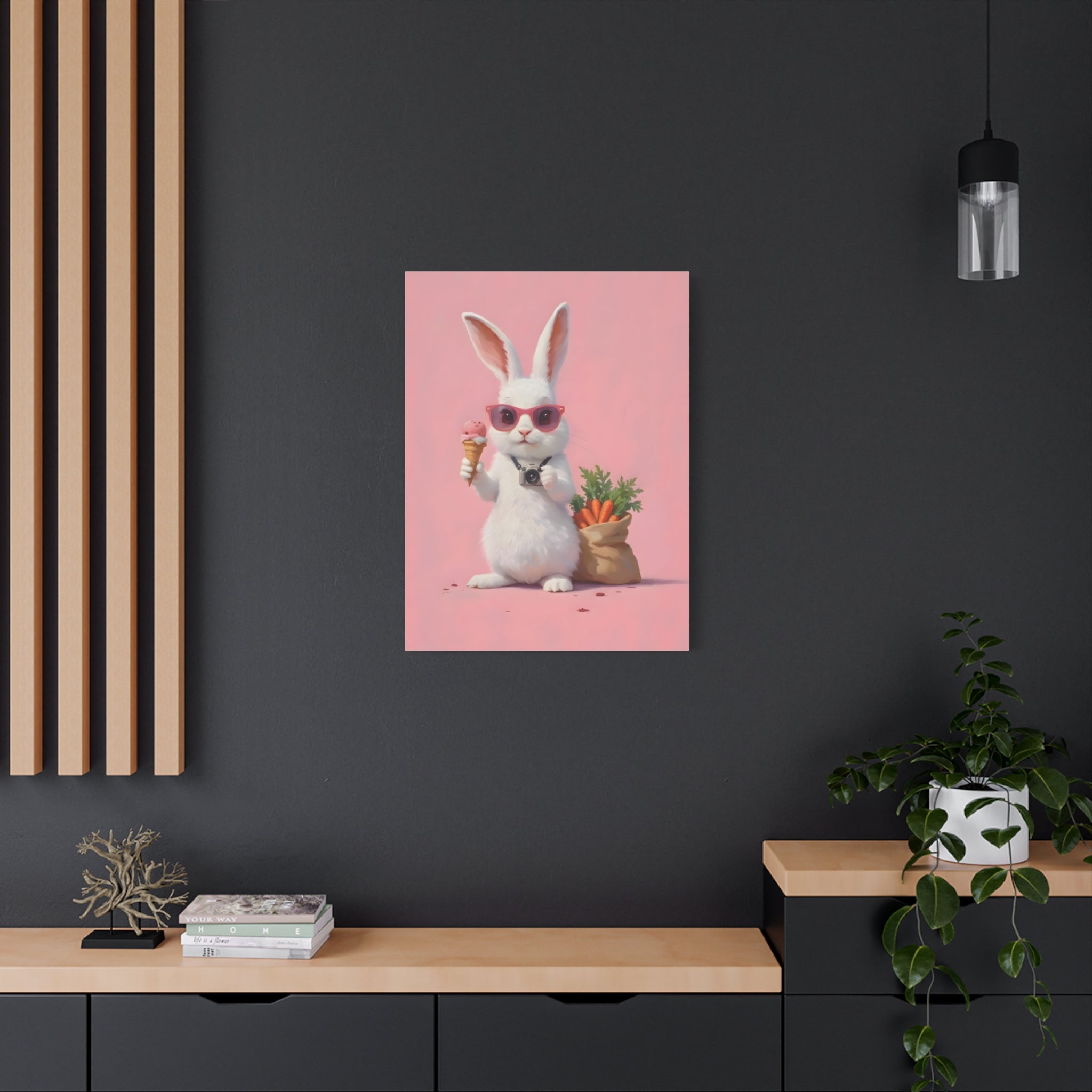 Pink Cute Bunny Canvas Wall Art — Cool Rabbit with Sunglasses, Ice Cream & Carrots (Matte Stretched)