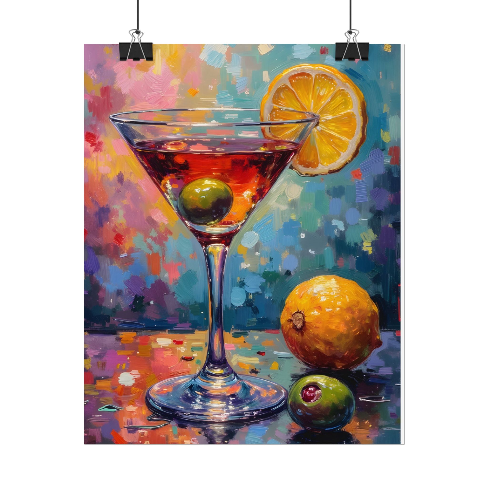 Buntes Martiniglas mit Zitrone und Olive – Wandbild/Poster 