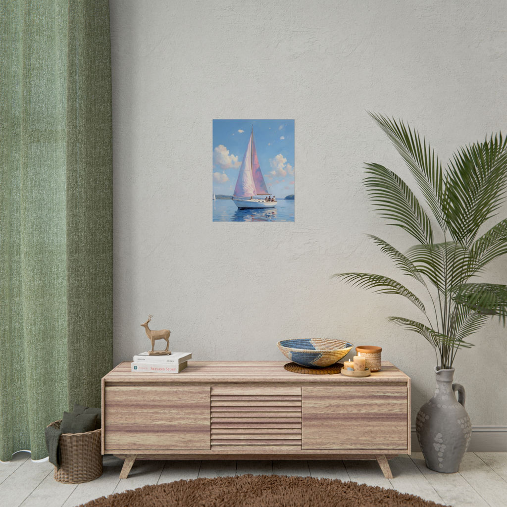 Segelboot auf ruhigem Wasser mit rosa Akzenten - Poster 