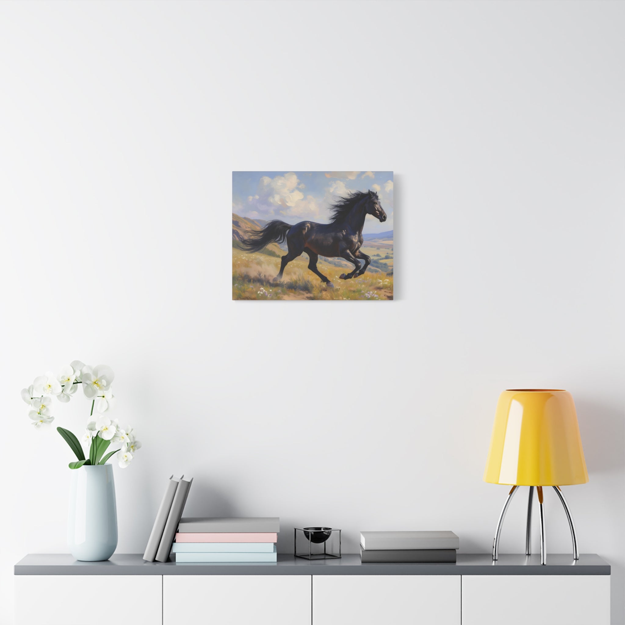 Muurdecoratie met een rennende zwarte hengst - Paardenschilderij - Gespannen canvas 