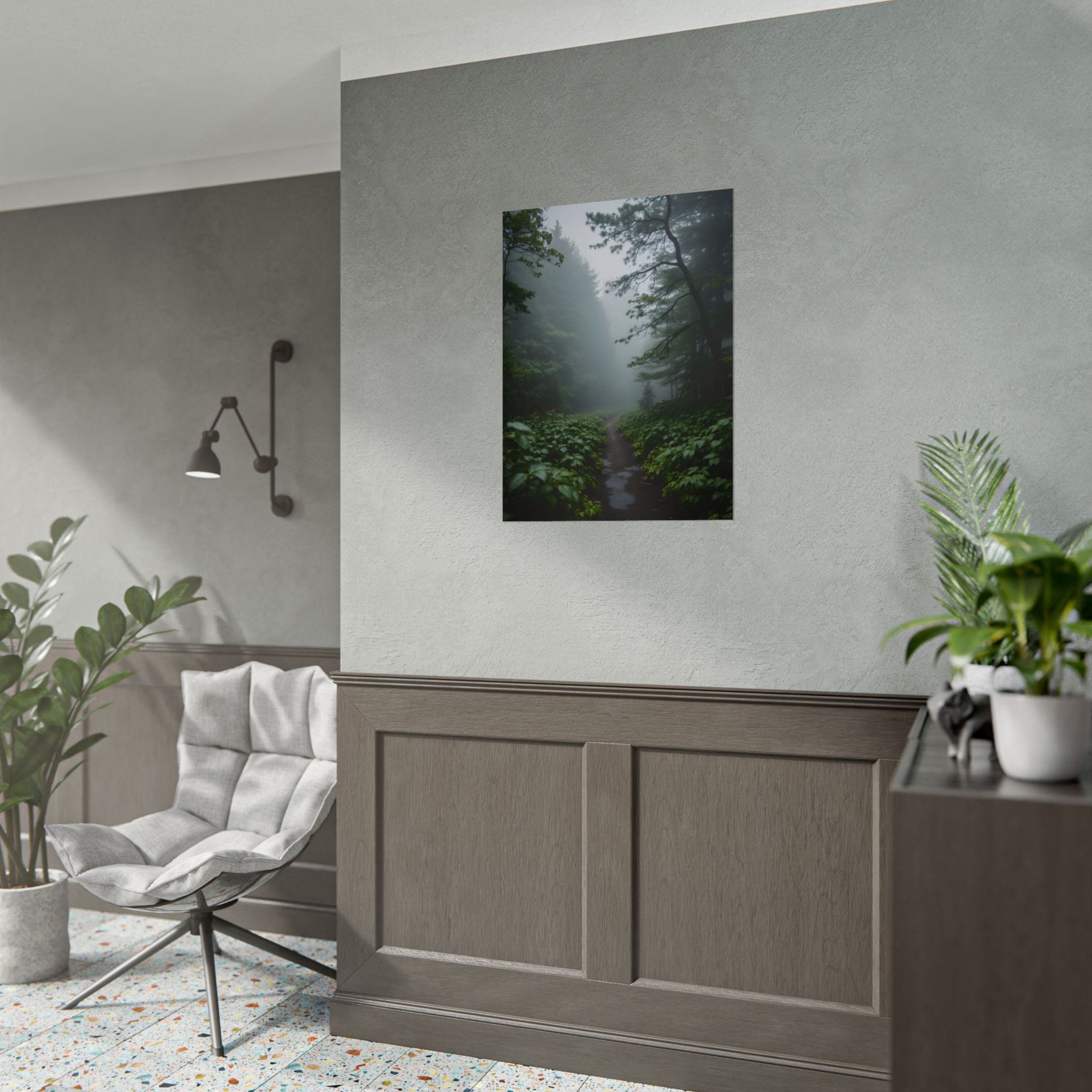 Muurdecoratie met een mistig bospad - Poster 