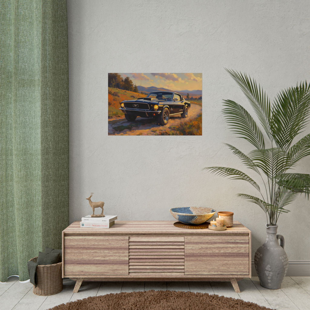 Vintage Mustang Sonnenuntergang Wandbild – Klassisches Muscle-Car – Poster 