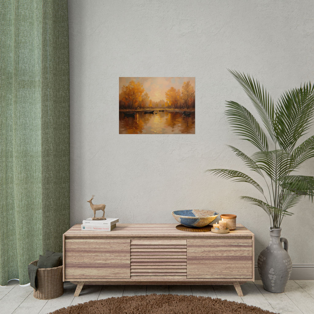 Herfst aan het meer met roeiboten - Poster 