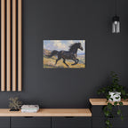 Muurdecoratie met een rennende zwarte hengst - Paardenschilderij - Gespannen canvas 