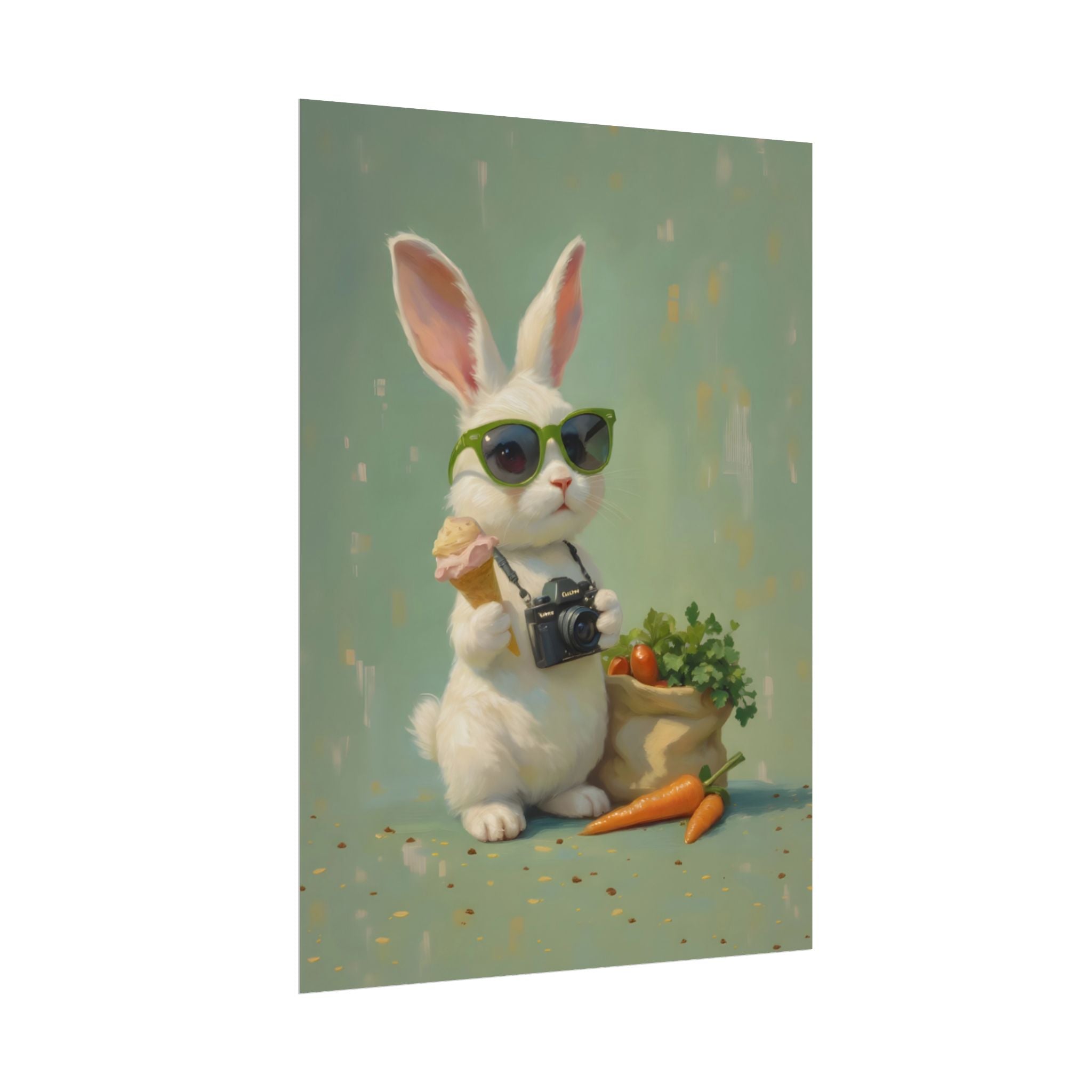 Green Bunny Rolled Poster — Cool Bunny with Camera Art Print