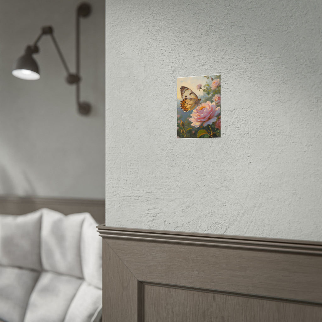 Wandbild mit Schmetterling auf rosa Rose - Poster 