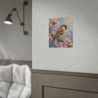 Bird on Blossom Rolled Poster — Spring Sparrow on Branch Wall Art Print