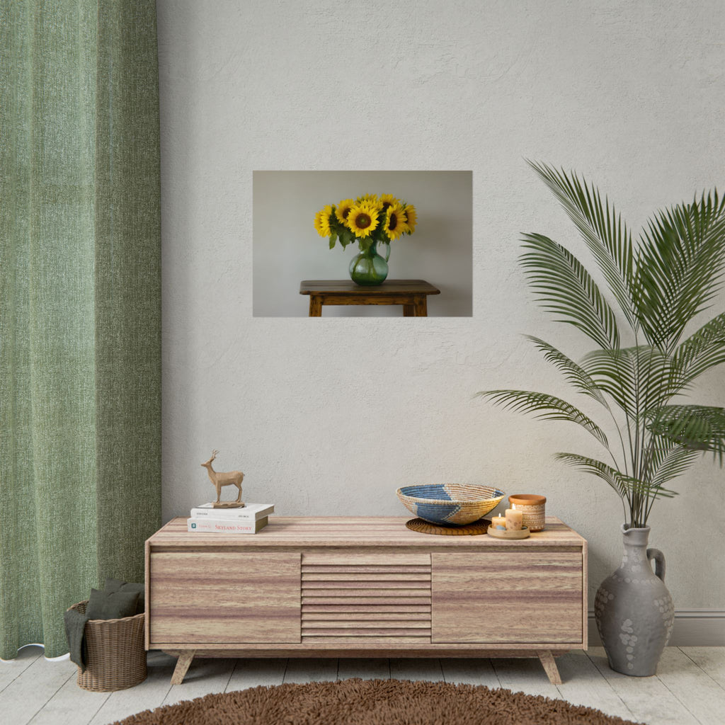 Zonnebloemen in een groene kruik - Muurdecoratie - Poster 