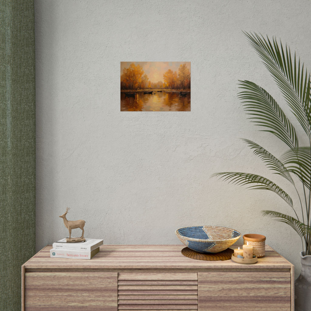 Herfst aan het meer met roeiboten - Poster 